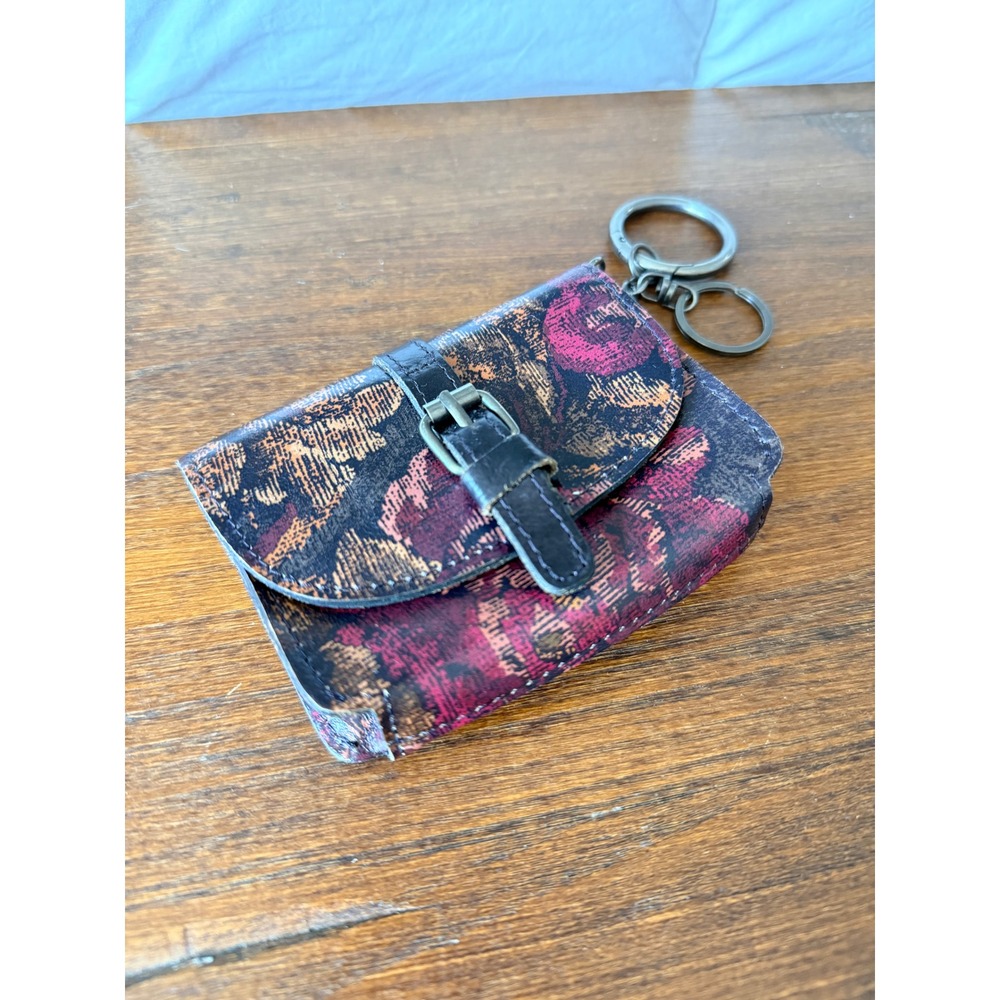 Patricia Nash Leather Floral Tapestry Coin Purse Keychain Wallet Burgundy 4x3